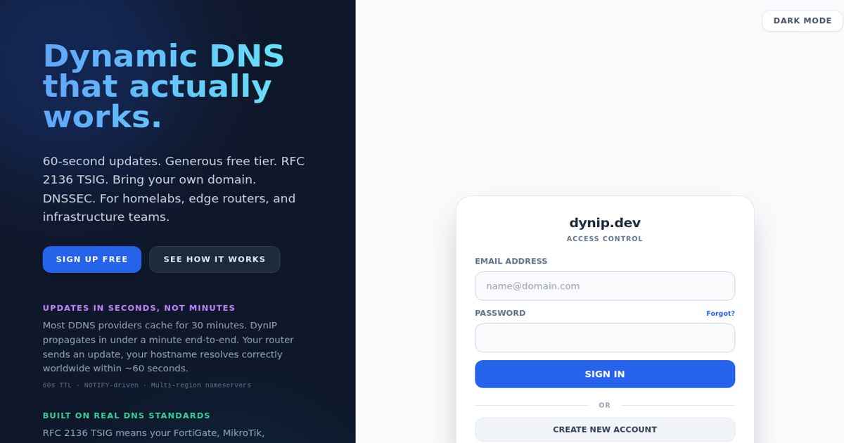 Captura de DynIP mostrando su propuesta de DNS dinámico para homelabs e infraestructura