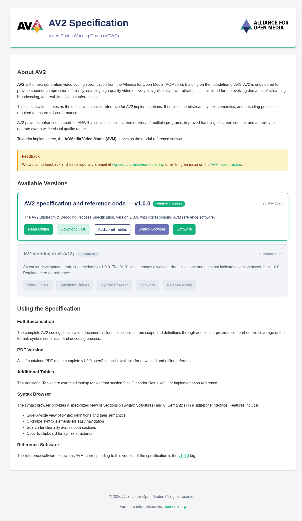 AV2 specification page with logo and release details