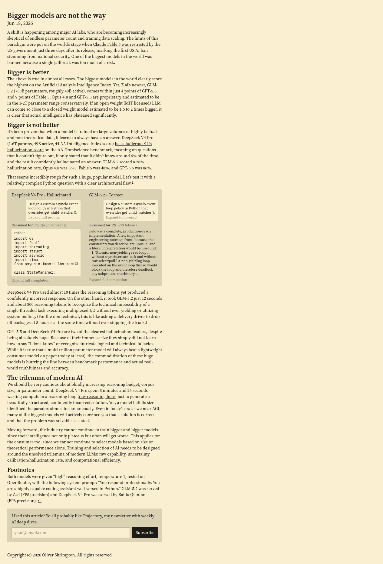 Article screenshot showing AI benchmark comparison discussion